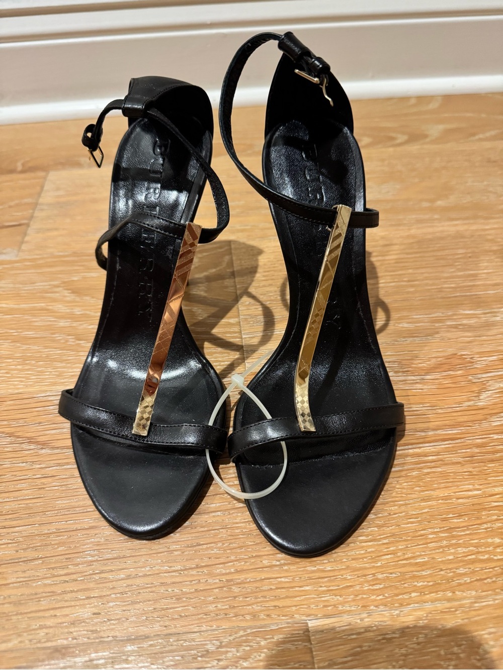 Burberry Black Women's T-Strap Sandals with Gold Accents